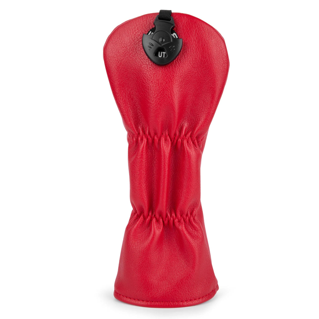 Back view of Emergency Use Only red fairway wood cover showing synthetic leather texture