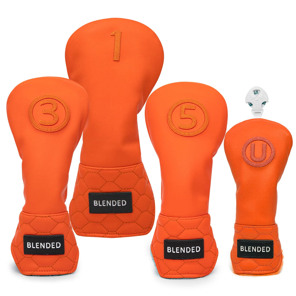 Barudan Golf orange 4-piece head cover set - driver, fairway 3, fairway 5 and hybrid covers bright handcrafted design