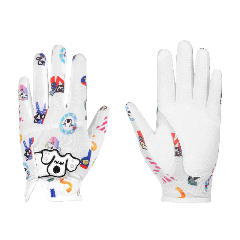 Black puppy junior golf gloves side by side - both feature white background and cute cartoon puppy on velcro