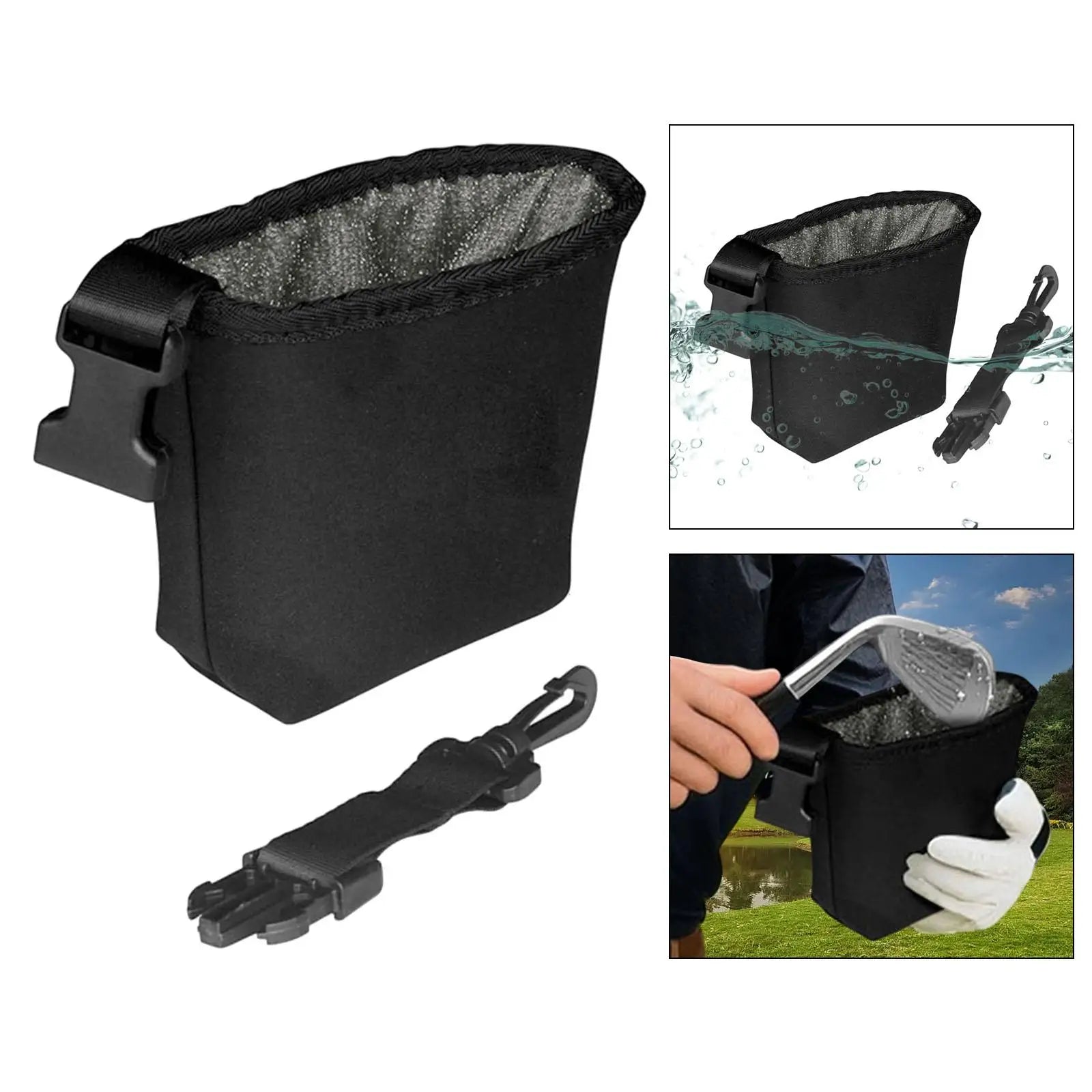 CleanCaddy waterproof golf cleaning pouch clipped to bag - add water inside before round for wet cleaning