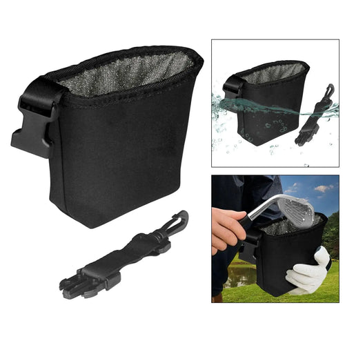 CleanCaddy waterproof golf cleaning pouch clipped to bag - add water inside before round for wet cleaning