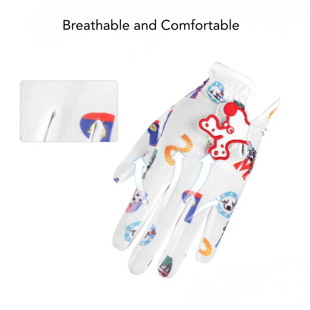 Close up of cute cartoon red puppy image on velcro closure of junior golf glove - kids love this fun design