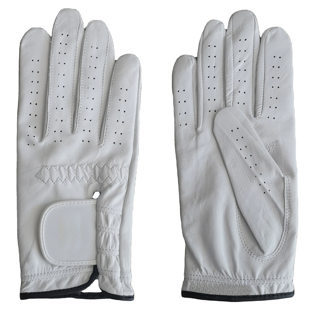 Close up of genuine Indonesia cabretta leather texture on white golf glove showing soft, premium feel