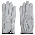 Close up of genuine Indonesia cabretta leather texture on white golf glove showing soft, premium feel