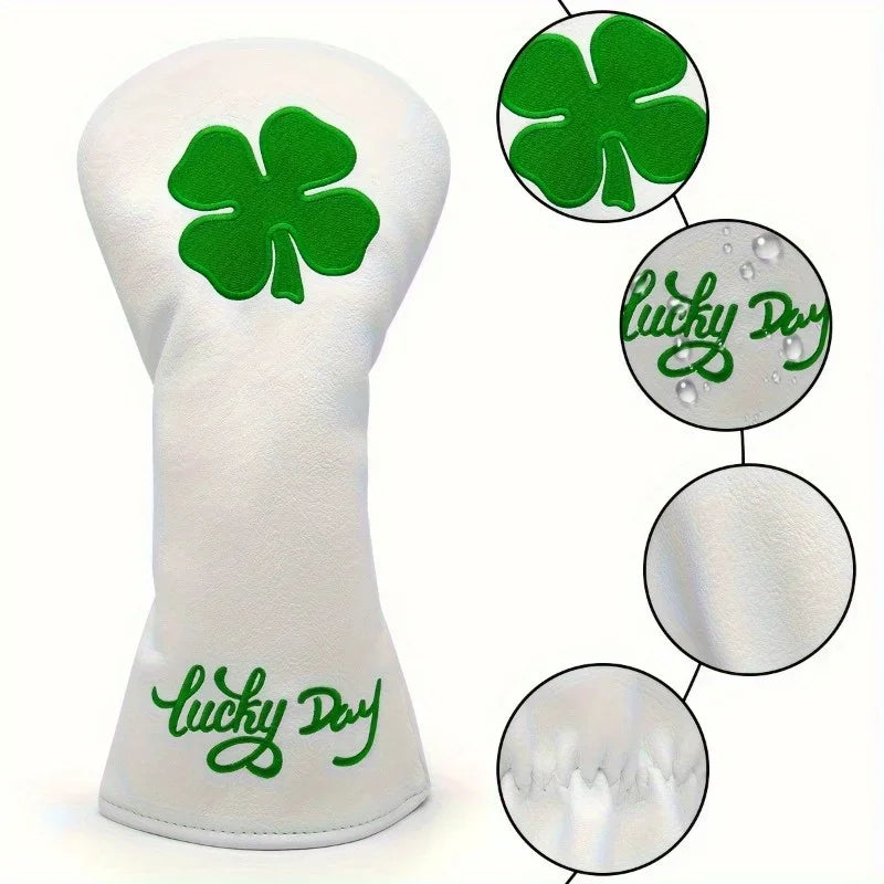 Close up of green four-leaf clover pattern on Lucky Clover PU leather head cover