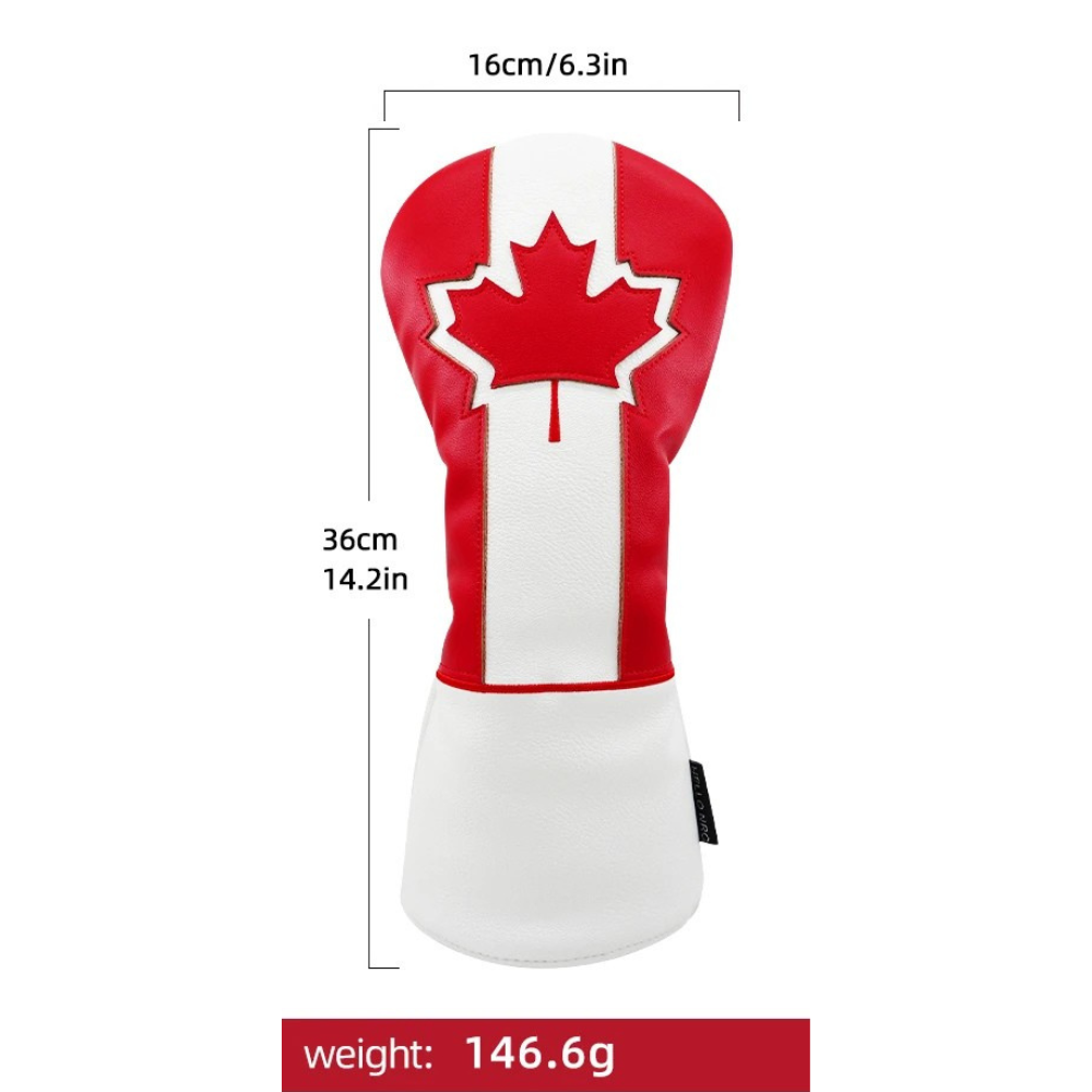 Close up of red and white maple leaf graphic on PU leather driver cover