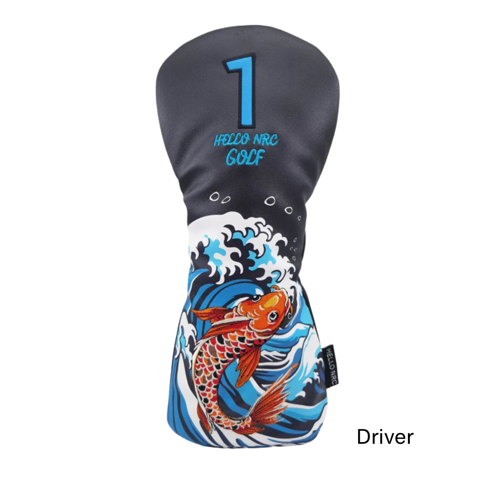 Koi Fish driver head cover on black background with orange and red koi pattern - front view