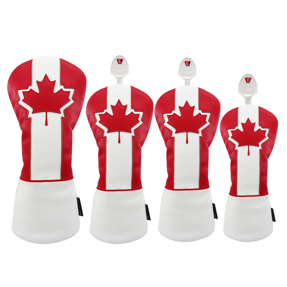 Maple Leaf 4-piece golf head cover set - driver, 3-wood, 5-wood and hybrid covers in red and white PU leather
