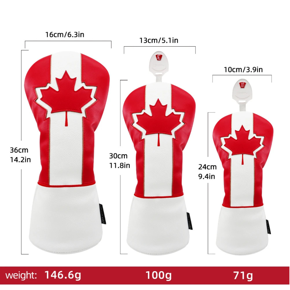 Maple Leaf 4-piece head cover set side by side with measurements - driver 14.2"L, 3-wood 11.8"L, 11.8-wood X"L, hybrid 9.4"L