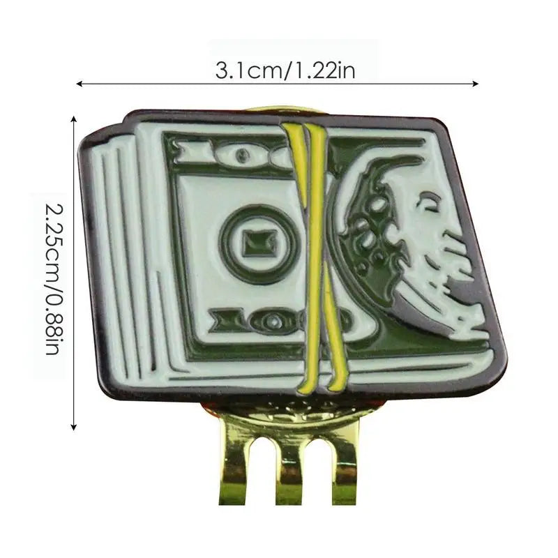Dollar bill golf ball marker held in hand showing compact 3.1 cm size