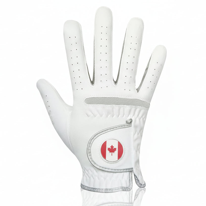 Golfer wearing Right Hand white Red Maple Leaf glove while gripping driver - breathable micro fabric for comfort