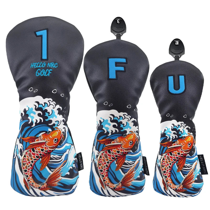 Koi Fish 13UT 3-piece head cover set on black background - driver, 3-wood and hybrid covers