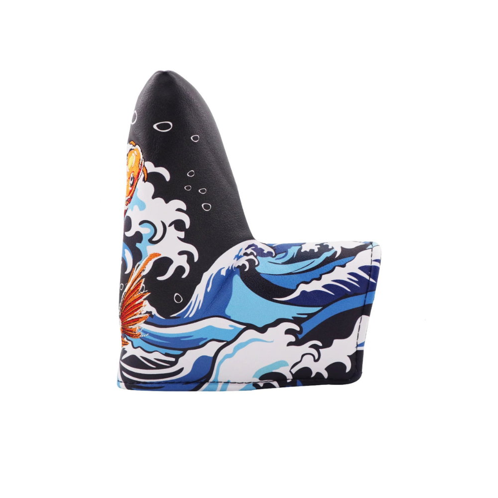 Koi Fish blade putter cover on black background with orange and red koi pattern - front view