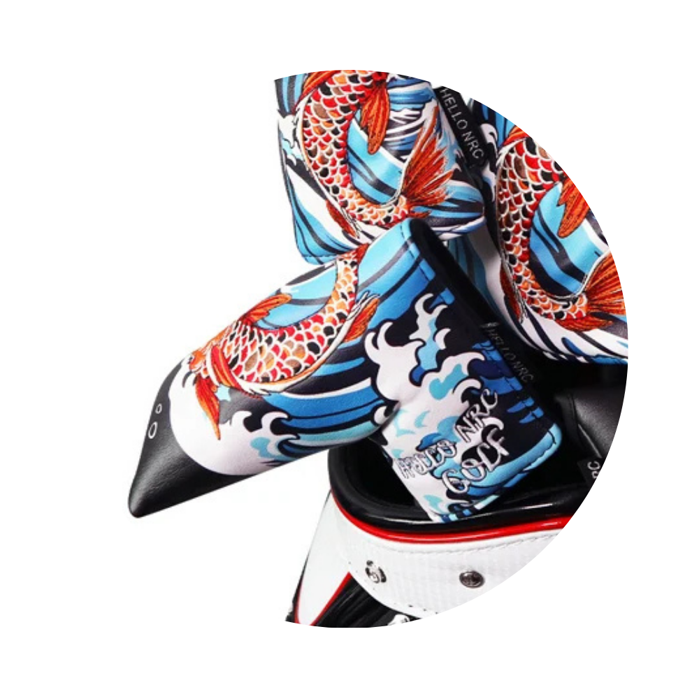 Koi Fish blade putter cover in a golf bag - black background with orange koi stands out