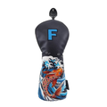 Koi Fish fairway head cover on black background with orange and red koi pattern - front view