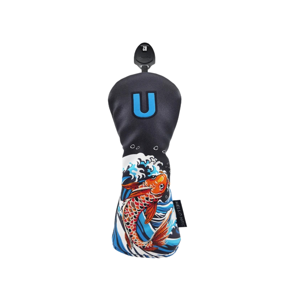 Koi Fish hybrid head cover on black background with orange and red koi pattern - front view