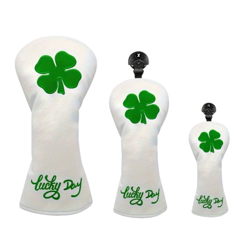 Lucky Clover 3-piece golf head cover set - driver, fairway wood and hybrid covers in green with four-leaf clover pattern