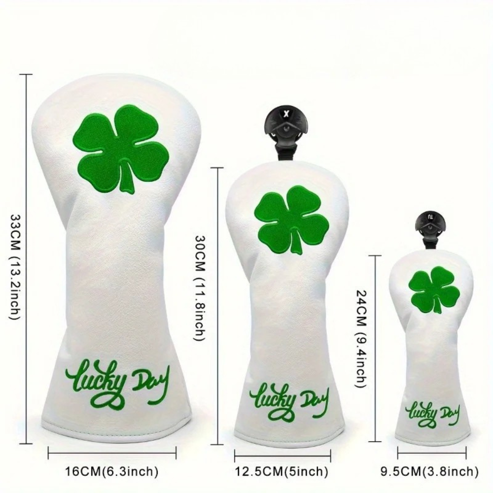 Lucky Clover 3-piece head cover set side by side with measurements - driver, fairway wood and hybrid sizes