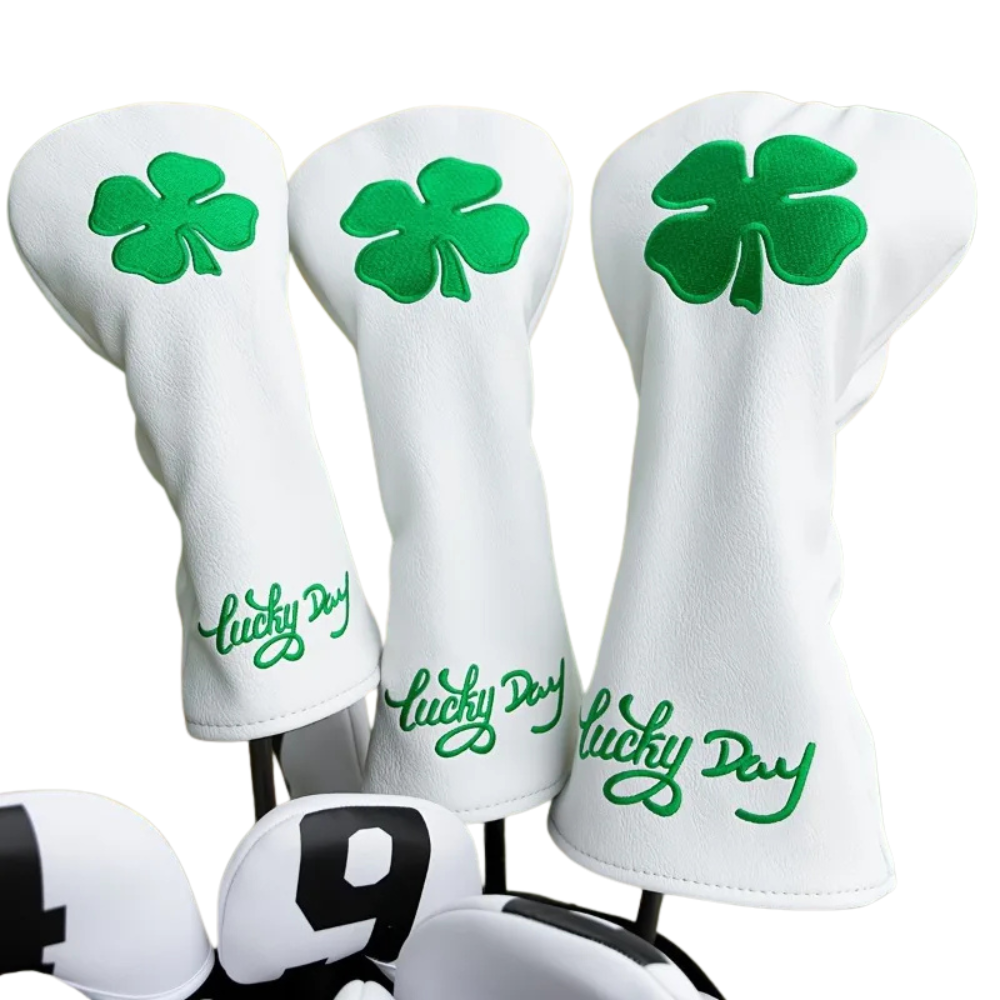 Lucky Clover driver, fairway and hybrid covers in a golf bag showing complete matching set