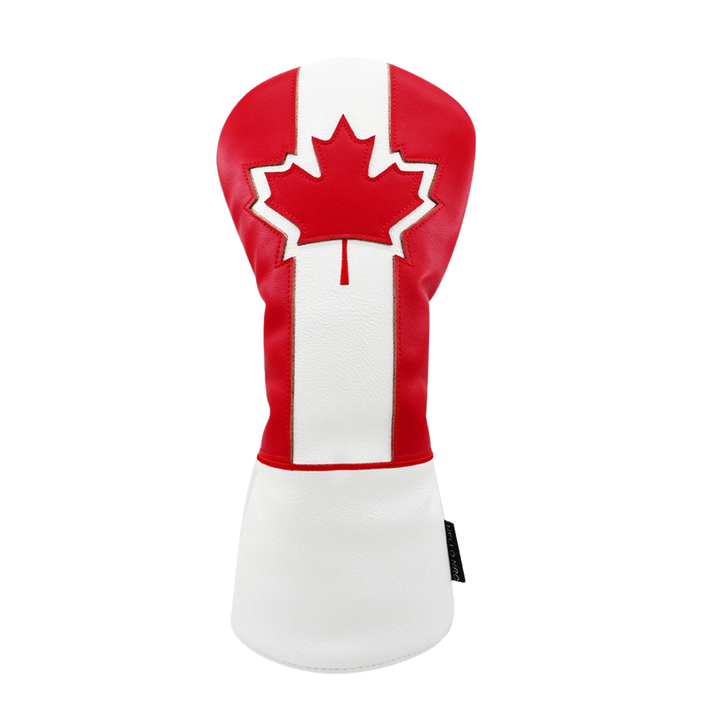 Maple Leaf driver head cover in red and white PU leather with fur lining - front view