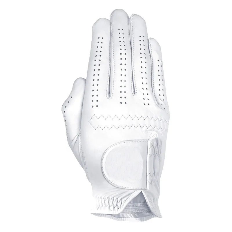 Men's cabretta leather golf glove in white - genuine Indonesia leather front view for right-handed golfers