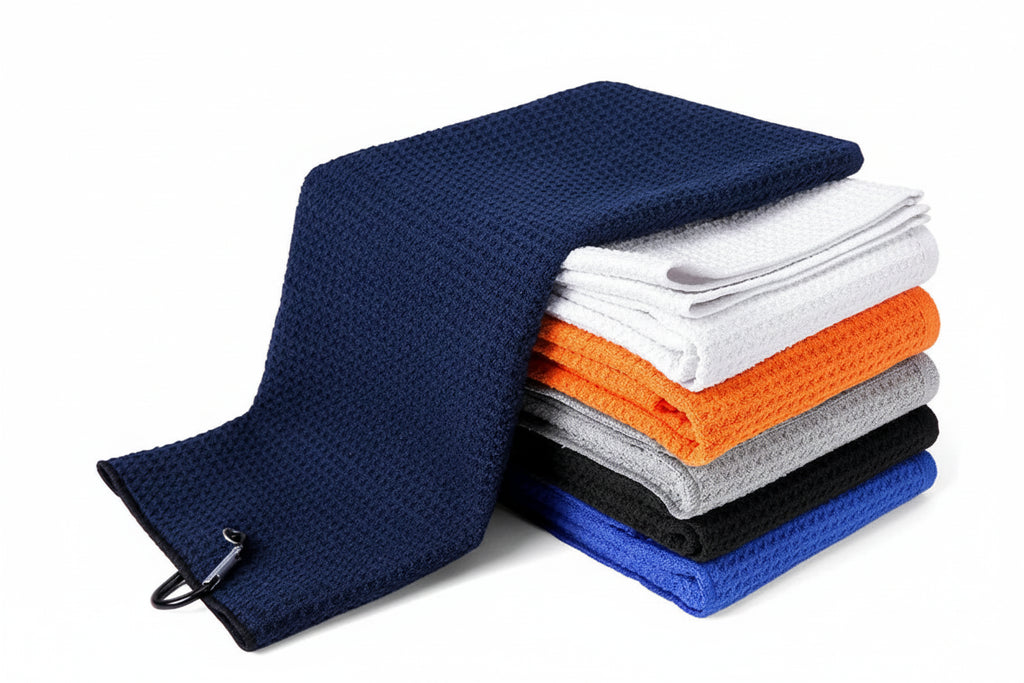 PGM waffle microfiber golf towels in all 6 colours stacked together - black, white, light grey, royal blue, navy and orange - 40cm x 60cm quick-dry golf towel