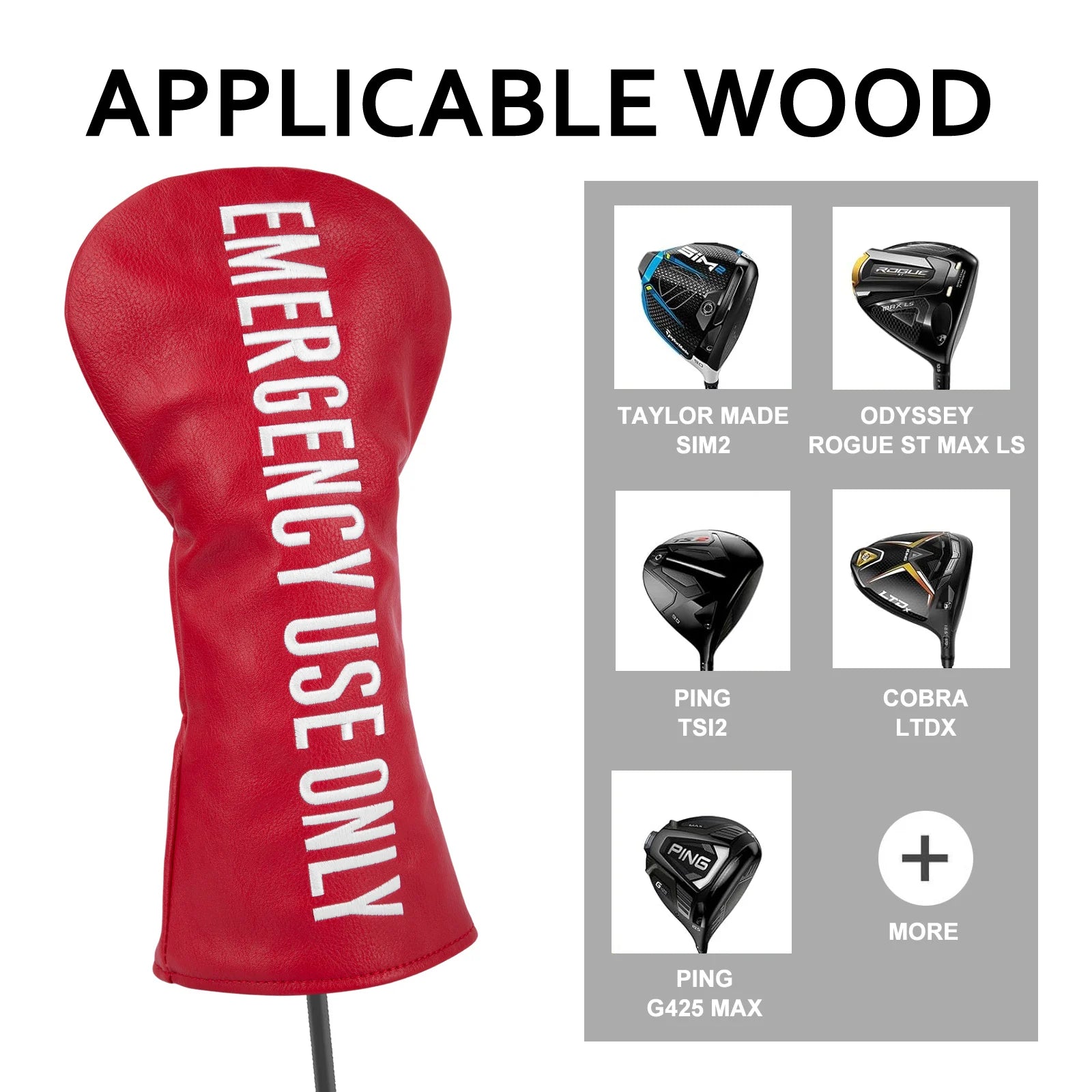 Red Emergency Use Only fairway wood cover with white lettering fitted on a standard fairway wood
