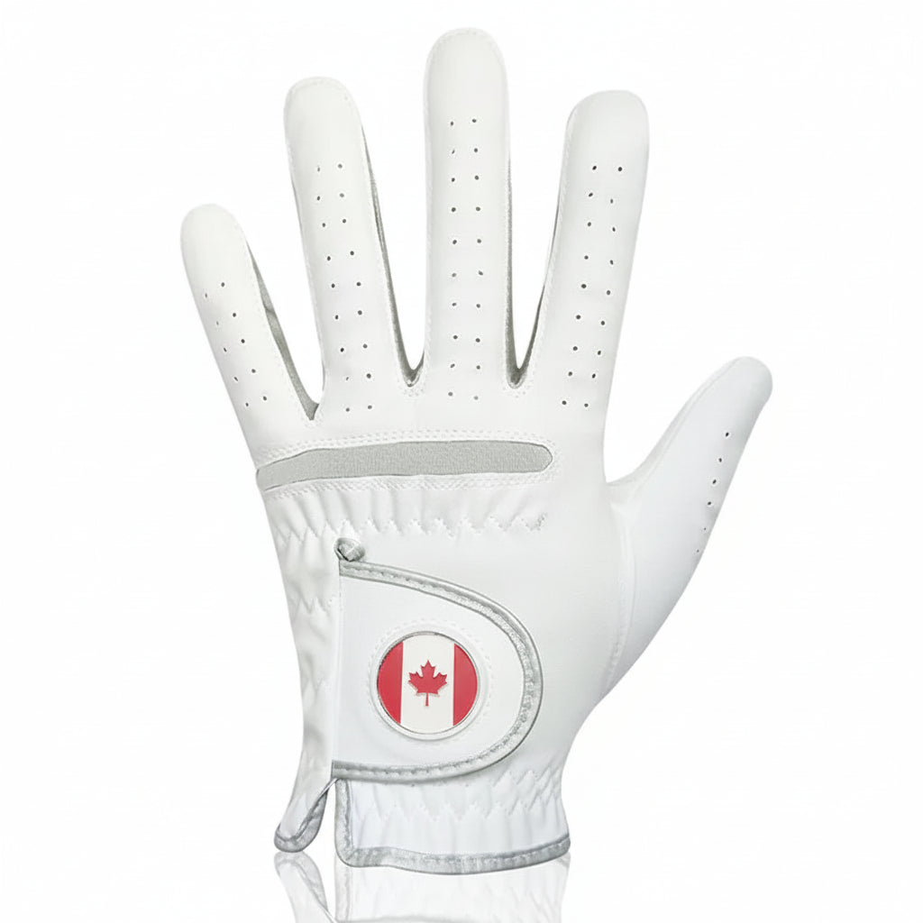Red Maple Leaf golf glove in white with red maple leaf detail - front view showing magnetic ball marker on Left Hand glove