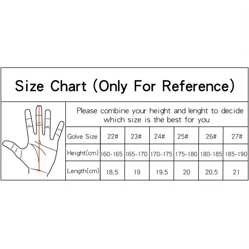 Red Maple Leaf golf glove size chart - sizes S, M, M/L, L, XL, XXL with hand measurement guide in inches and cm