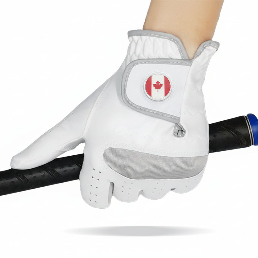 Red Maple Leaf golf glove worn on hand showing red maple leaf design and snug fit