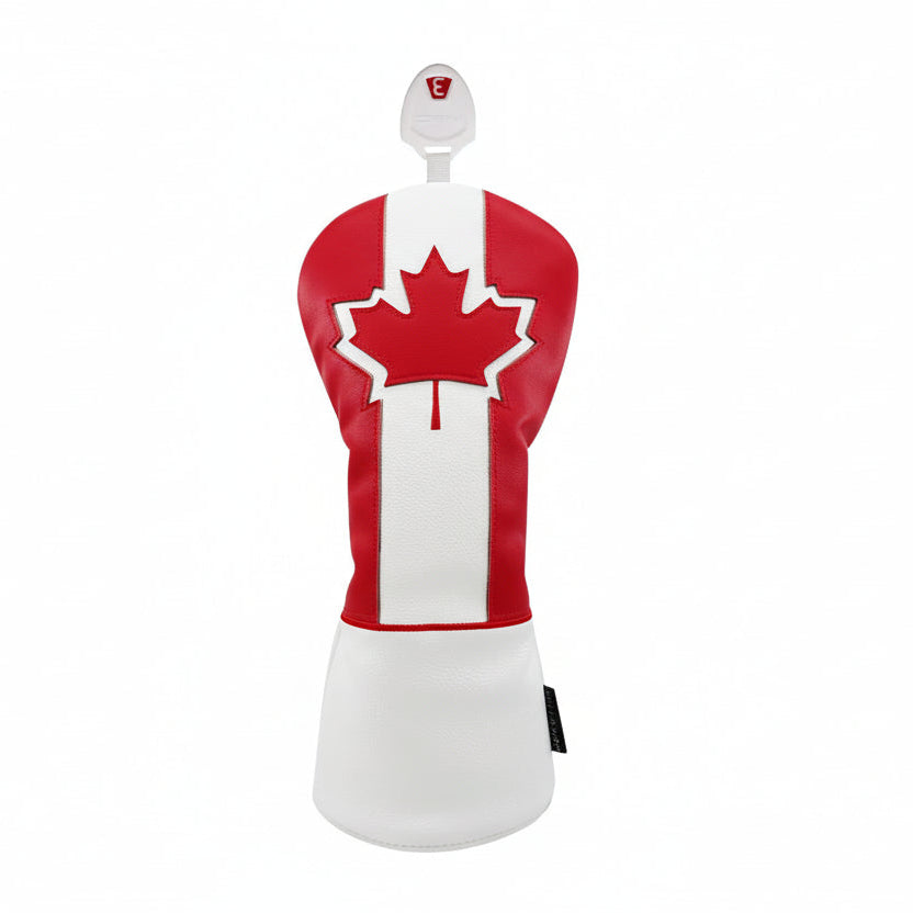 Maple Leaf fairway wood cover in red and white PU leather with fur lining - front view