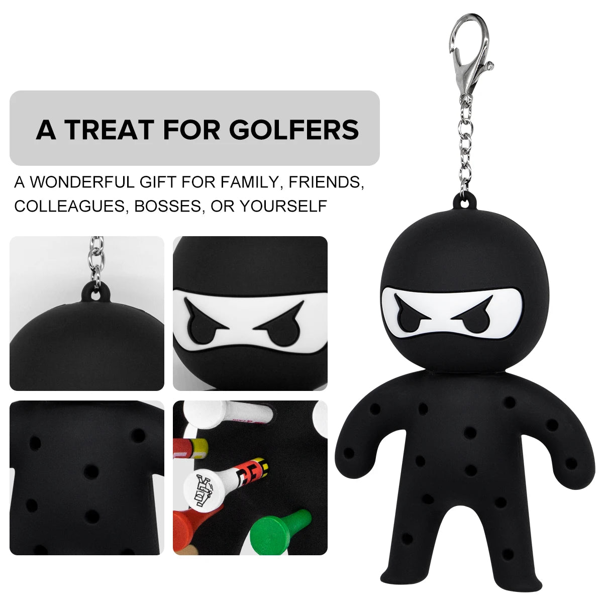 Ninja Golf Ball & Tees Holder Keychain - Silicone with 10 Tees