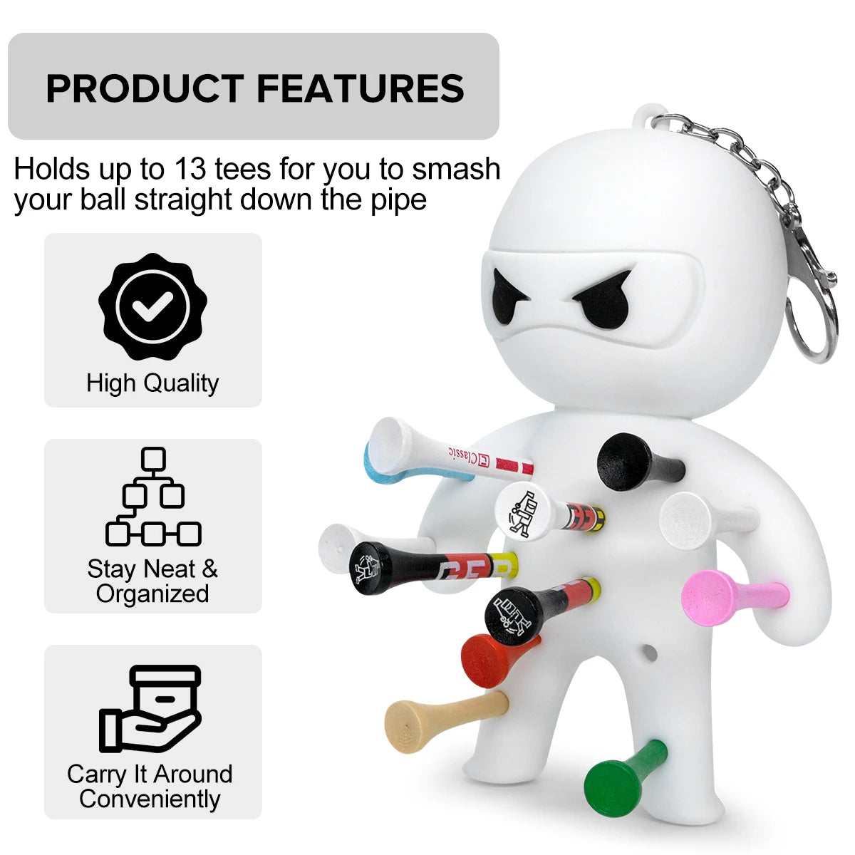 Ninja Golf Ball & Tees Holder Keychain - Silicone with 10 Tees