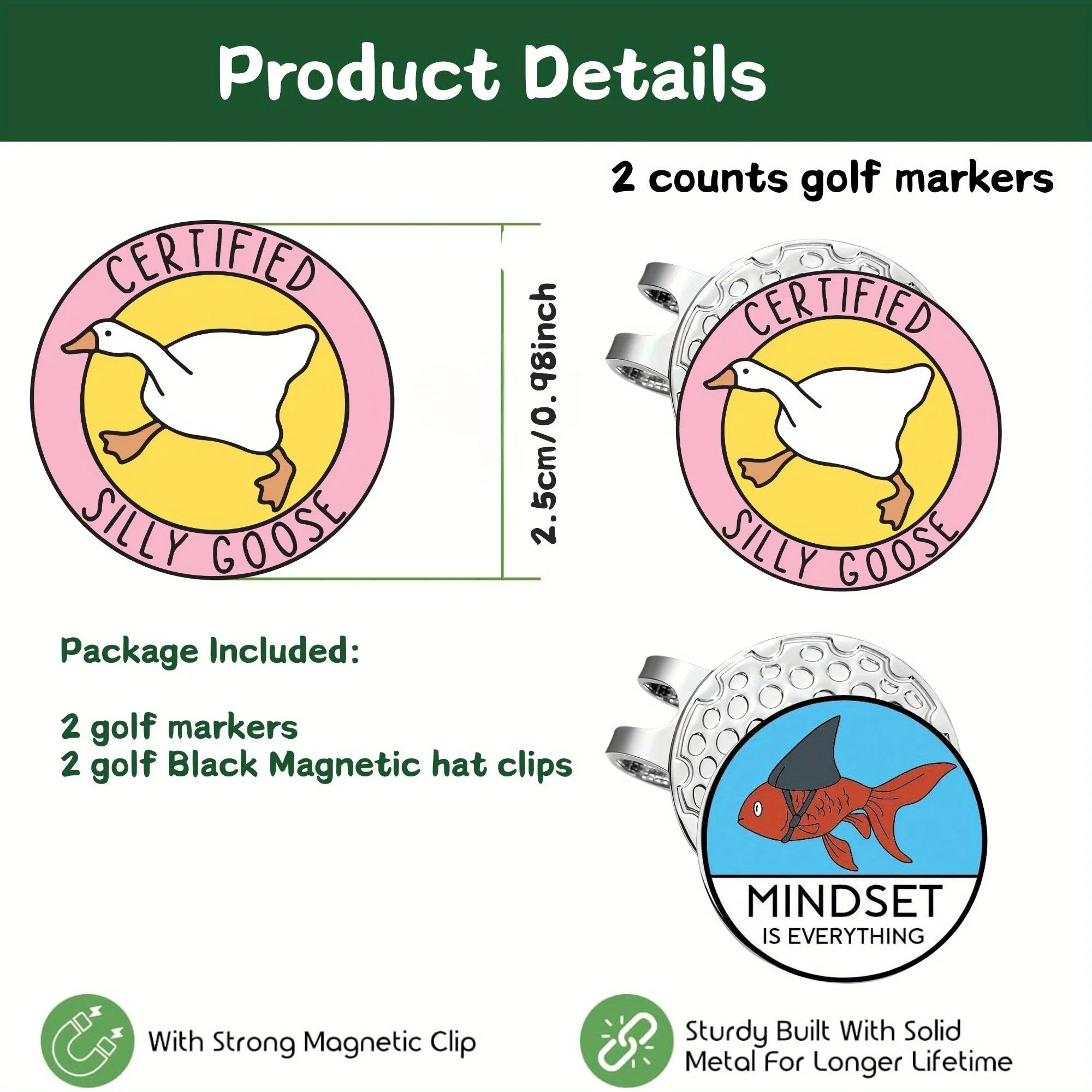 Goldfish & White Goose Enamel Golf Ball Markers with Magnetic Hat Clip – 2-Pack