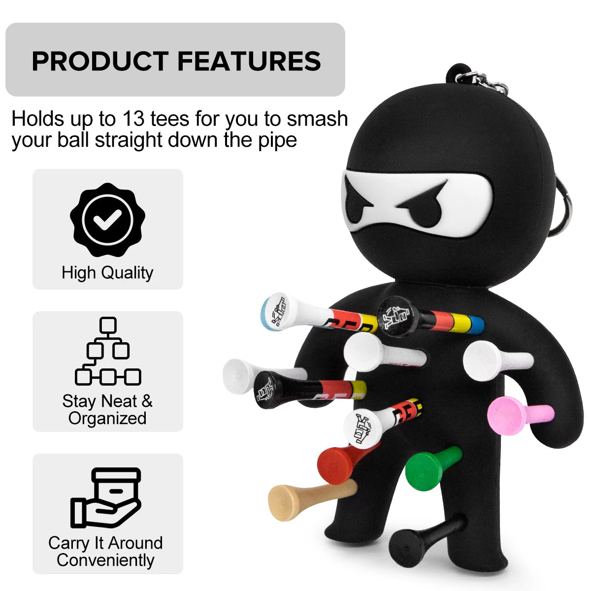 Ninja Golf Ball & Tees Holder Keychain - Silicone with 10 Tees