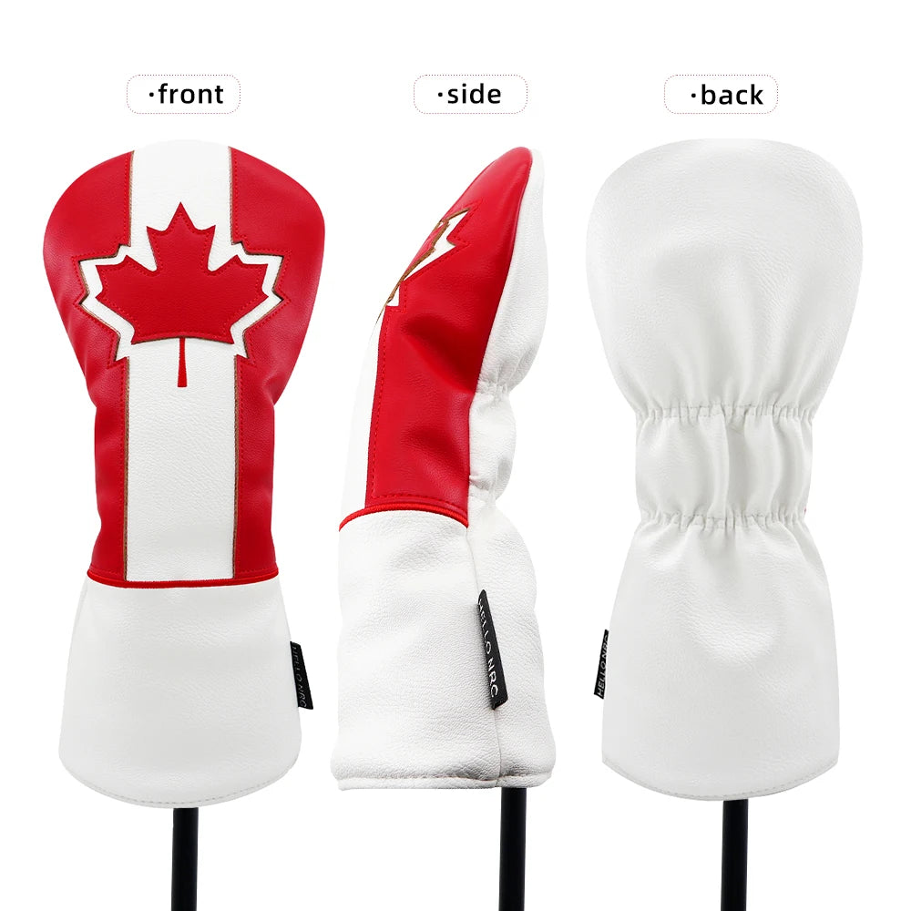 Maple Leaf driver head cover side view showing PU leather texture and stretch fit opening