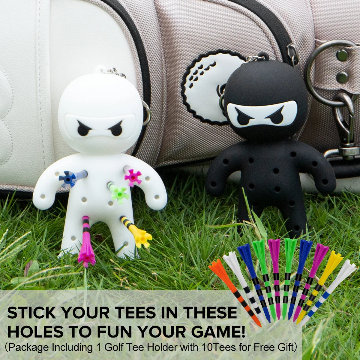 Ninja Golf Ball & Tees Holder Keychain - Silicone with 10 Tees