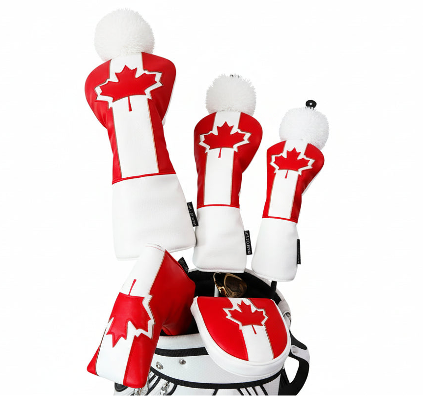 Maple Leaf hybrid cover in a golf bag next to driver and fairway covers