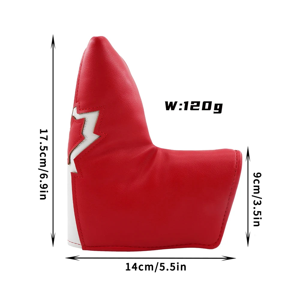 Maple Leaf blade putter cover side view with measurements - length 5.5 inches, height 8=6.9 inches, fits most standard blade putters 