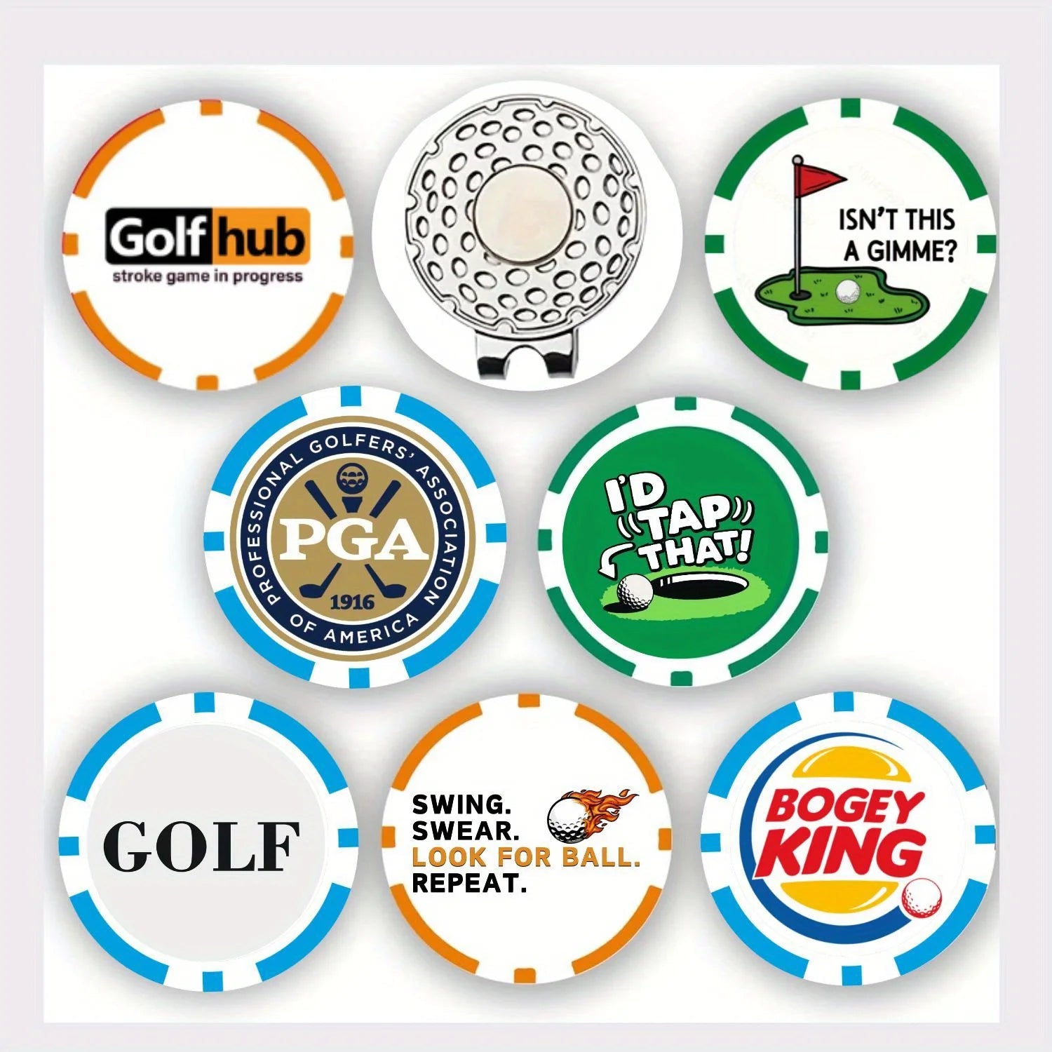 Golf Ball Markers with Magnetic Hat Clip – 7-Pack