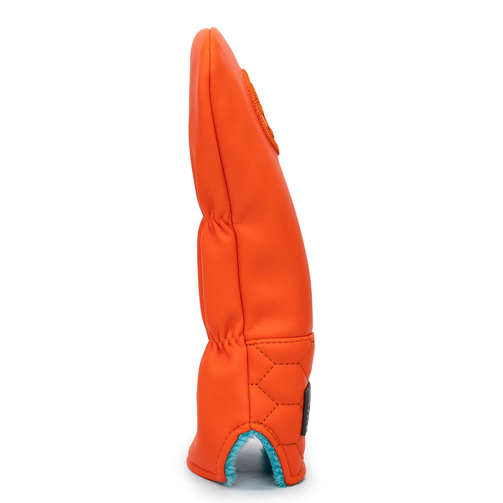 Side view of orange driver cover with rubber string closure - secure fit without velcro