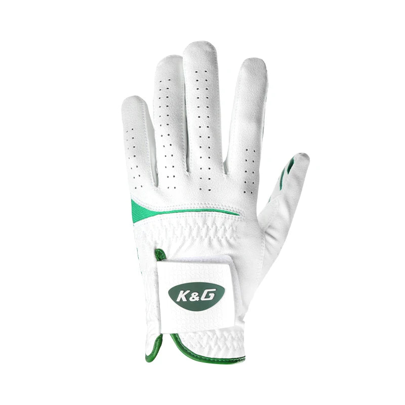 Tiger Strike golf glove worn on left hand showing white base and green tiger stripe palm