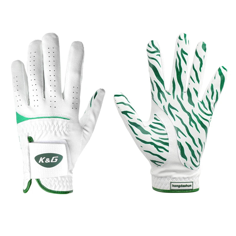 Tiger Strike men's microfiber golf glove white with green tiger stripe palm and bright green accents - front view left hand