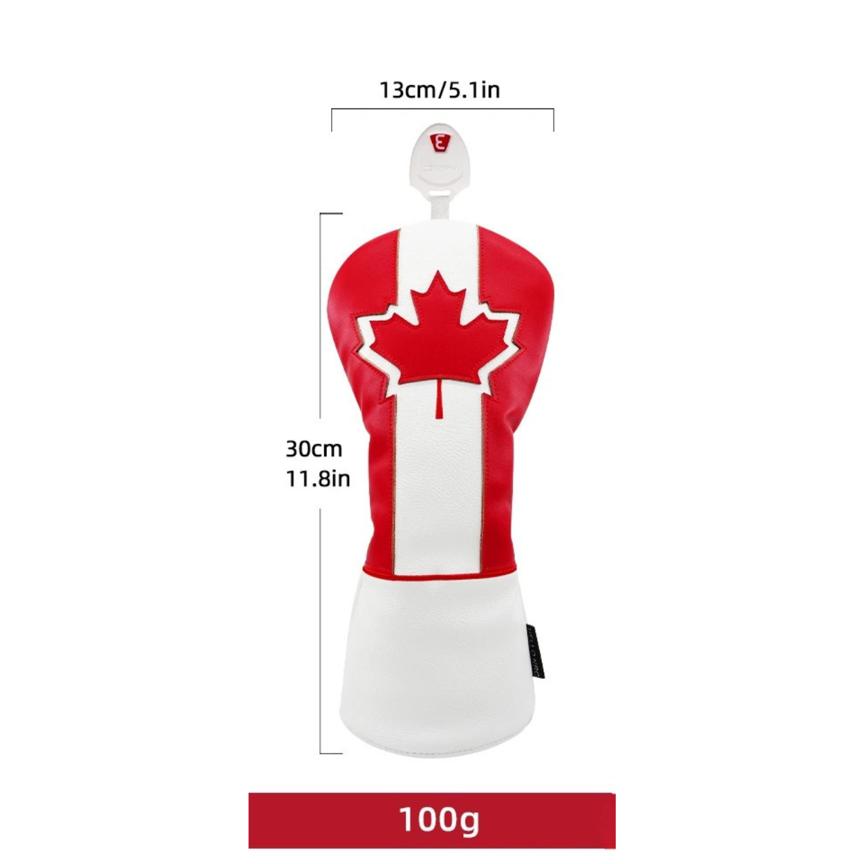Close up of red and white maple leaf graphic on PU leather fairway cover