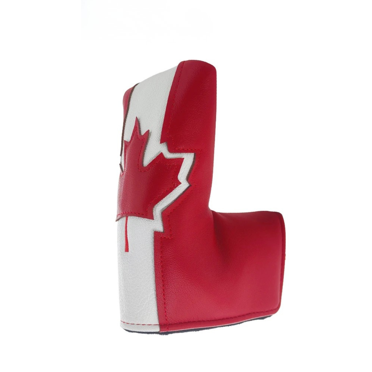 Maple Leaf blade putter cover in red and white PU leather with fur lining - front view