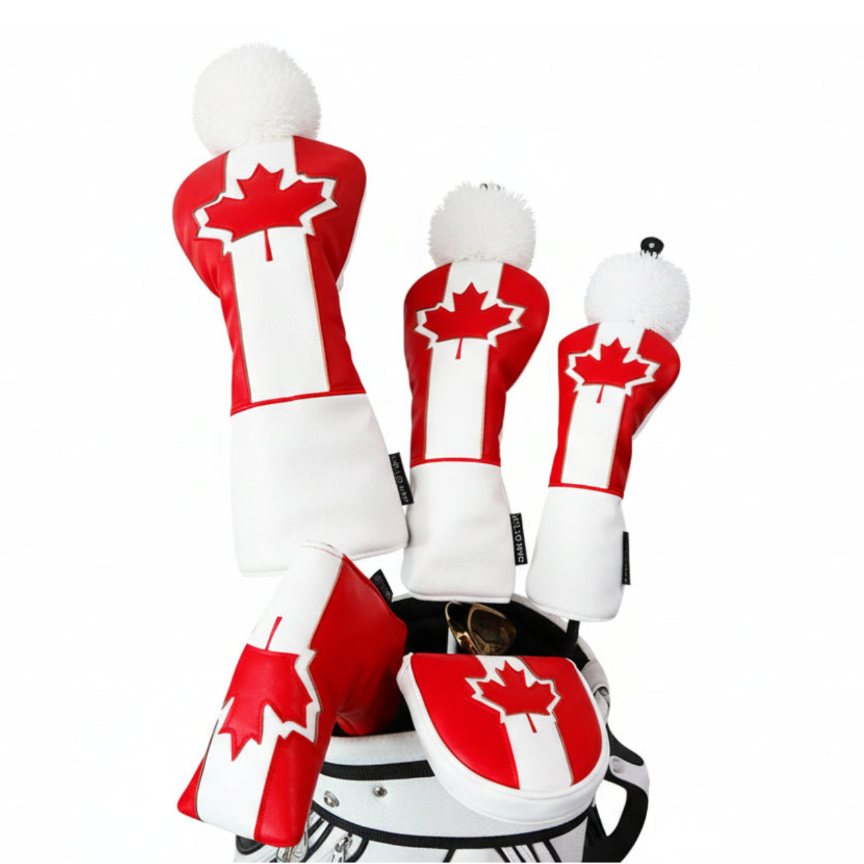 Maple Leaf blade putter cover in a golf bag with red and white maple leaf design visible