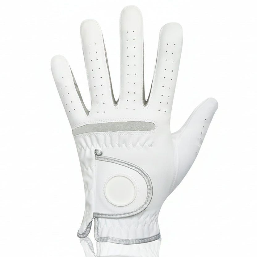 White Red Maple Leaf without the marker golf glove palm view showing breathable micro fabric knit and adjustable wrist strap