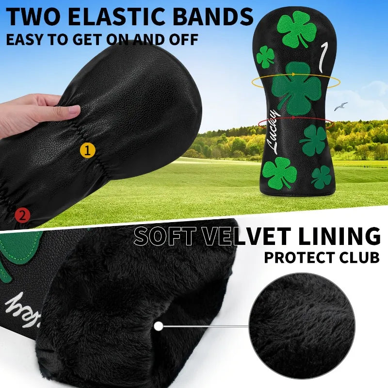 Four-Leaf Clover Golf Club Head Covers – Black Background